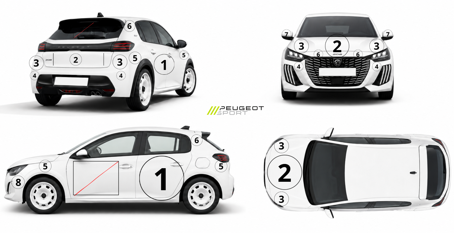 Schéma des zones de visibilité sponsor sur la Peugeot 208 Racing