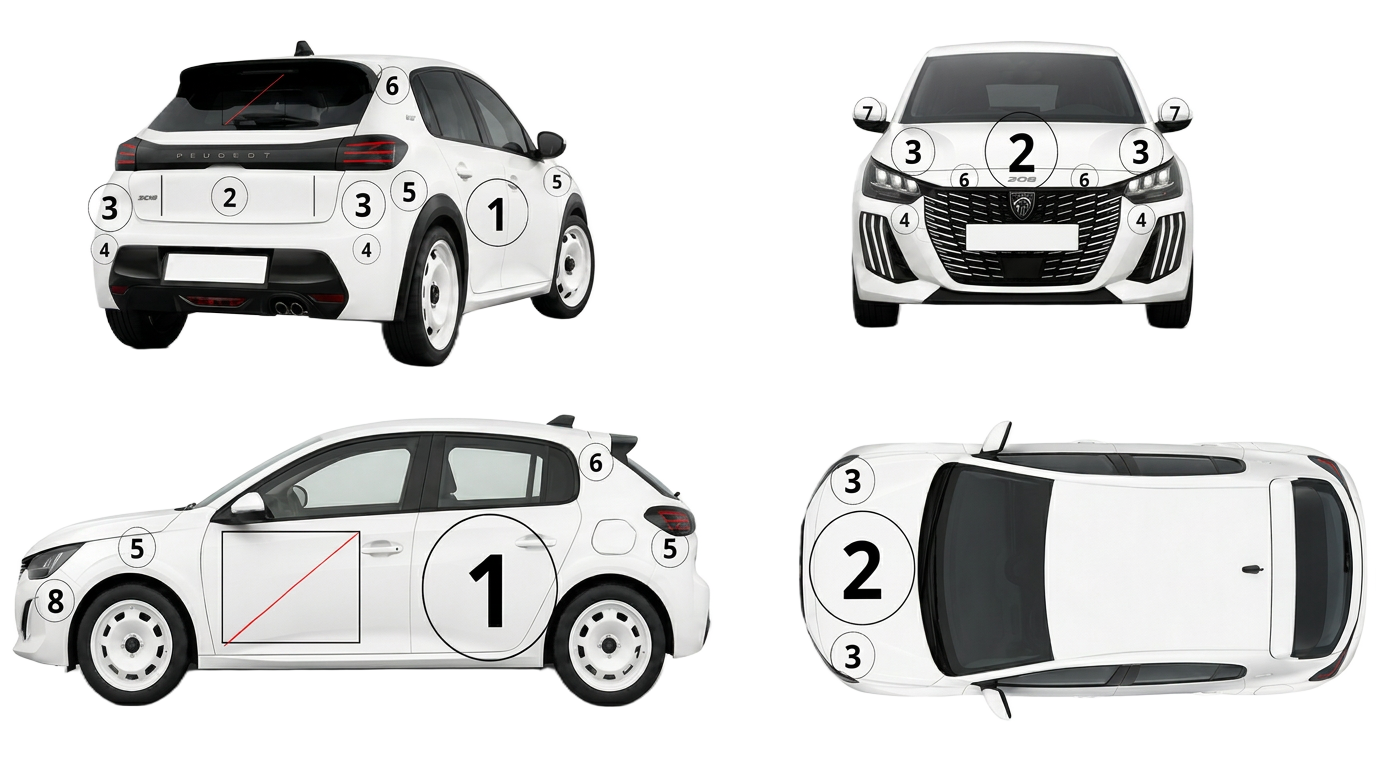 Schéma technique des zones de visibilité sponsor sur Peugeot 208